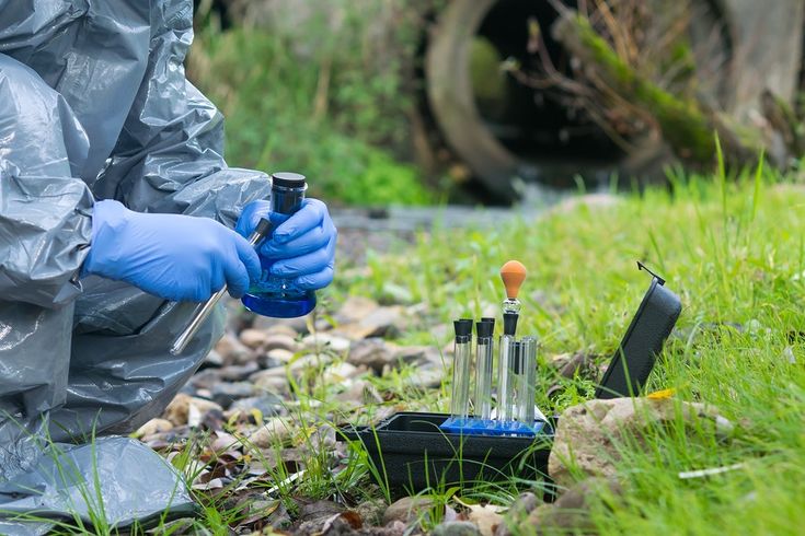 A Worker In A Protective Suit Takes Samples Of Water And Soil Fo